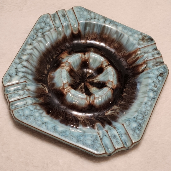Mid-Century Modern Drip Glaze Ceramic Ashtray Blue and Brown 7 1/8" across - Picture 1 of 15